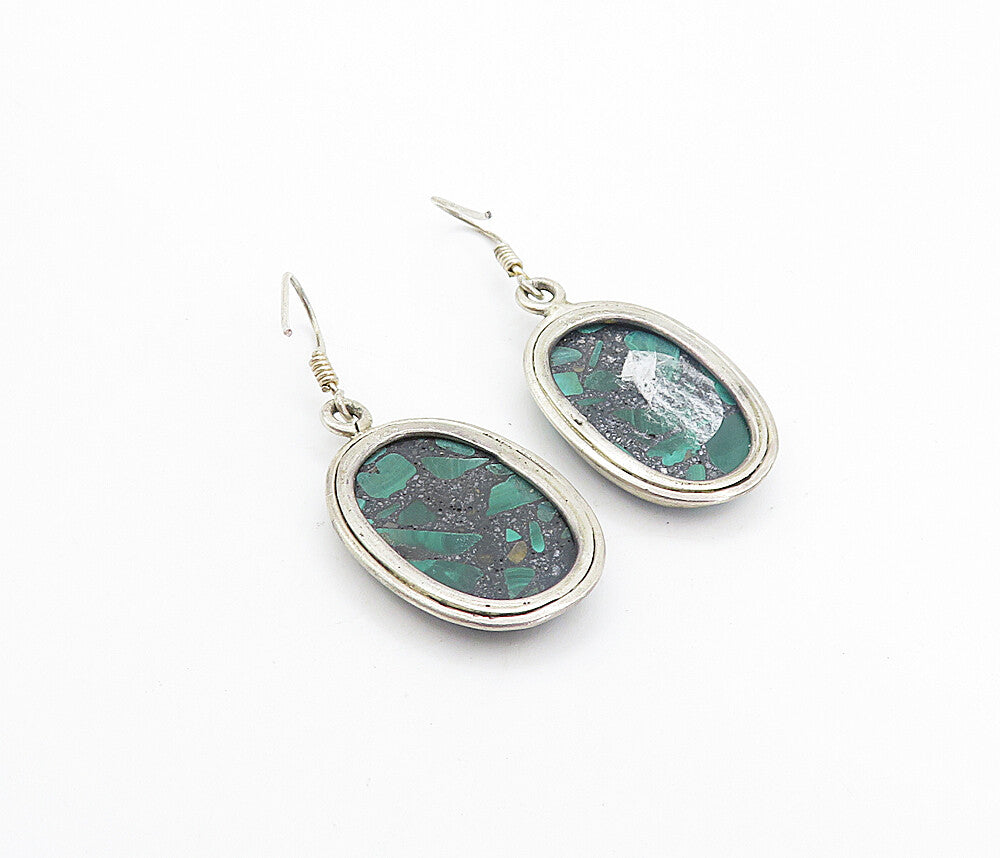 925 Sterling Silver  Vintage Malachite With Hematite Dangle Earrings  EG3191