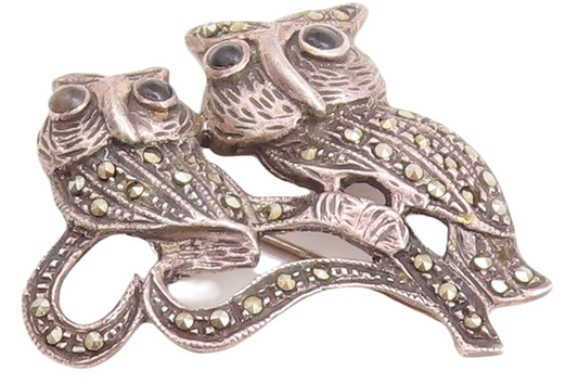925 Sterling Silver Vintage Brooch Pin Onyx & Marcasite Owl Couple  BP11421
