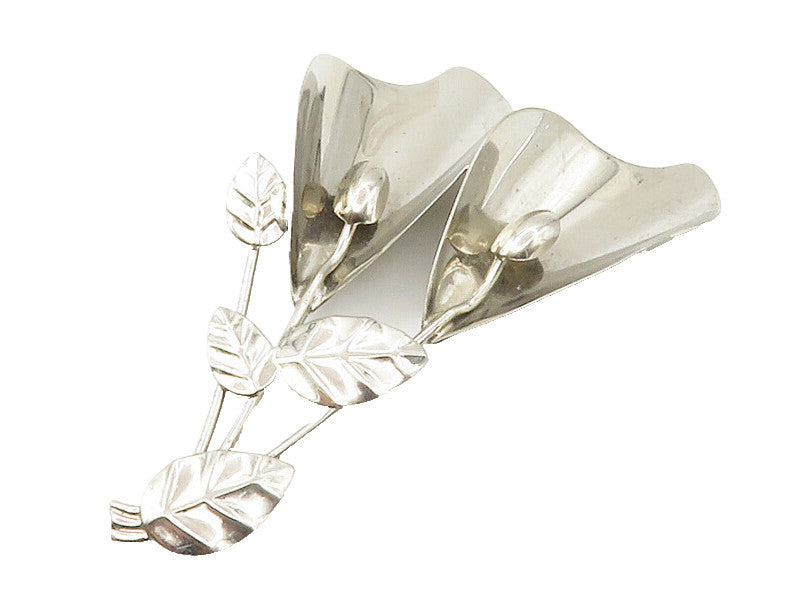 925 Sterling Silver  Vintage Shiny Modernist Flowers Motif Brooch Pin  BP5424