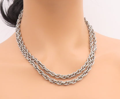 925 Sterling Silver Vintage Necklace Modernist Double Strand Long Chain  NE4828