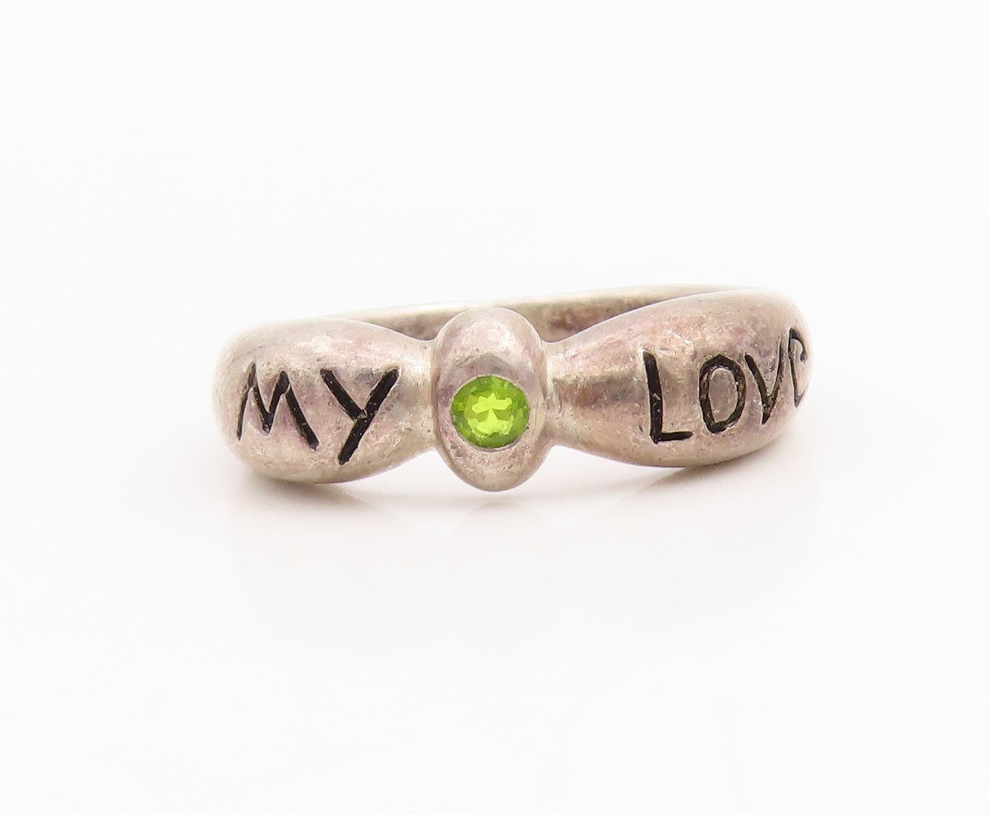 925 Sterling Silver Vintage Ring Peridot Engraved My Love Band  Sz 7  RG34786