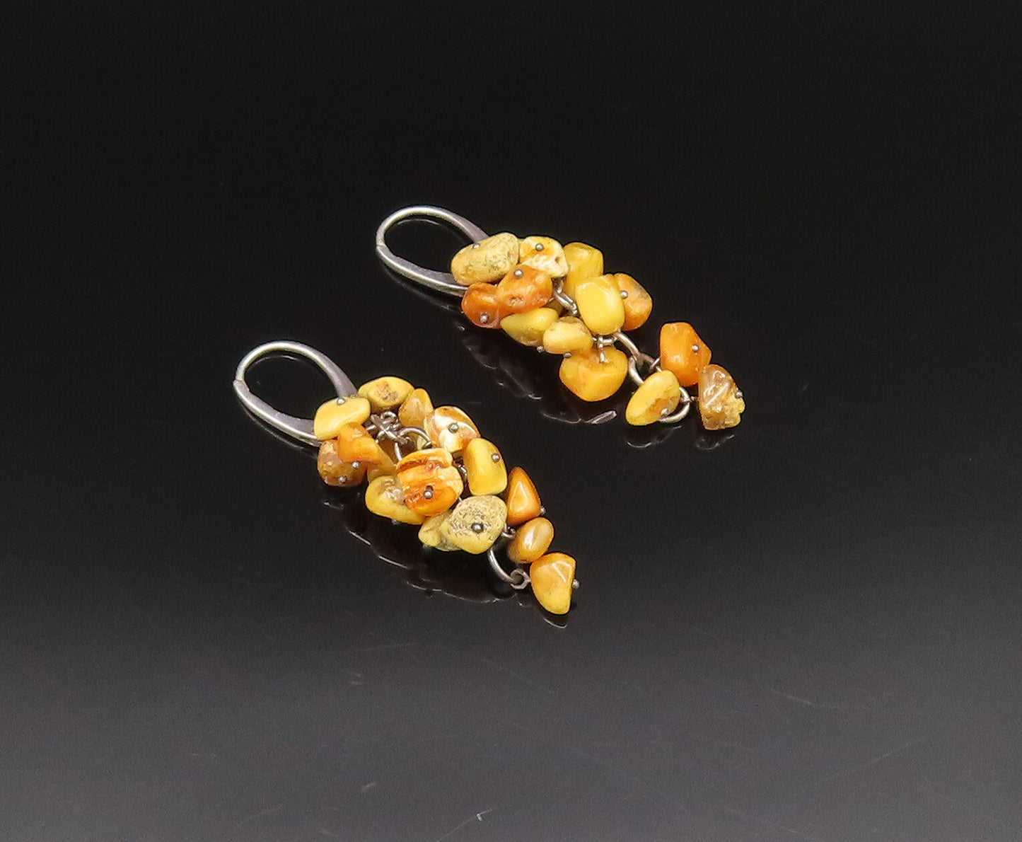 925 Sterling Silver  Vintage Yellow Jasper Cluster Dangle Earrings  EG12011