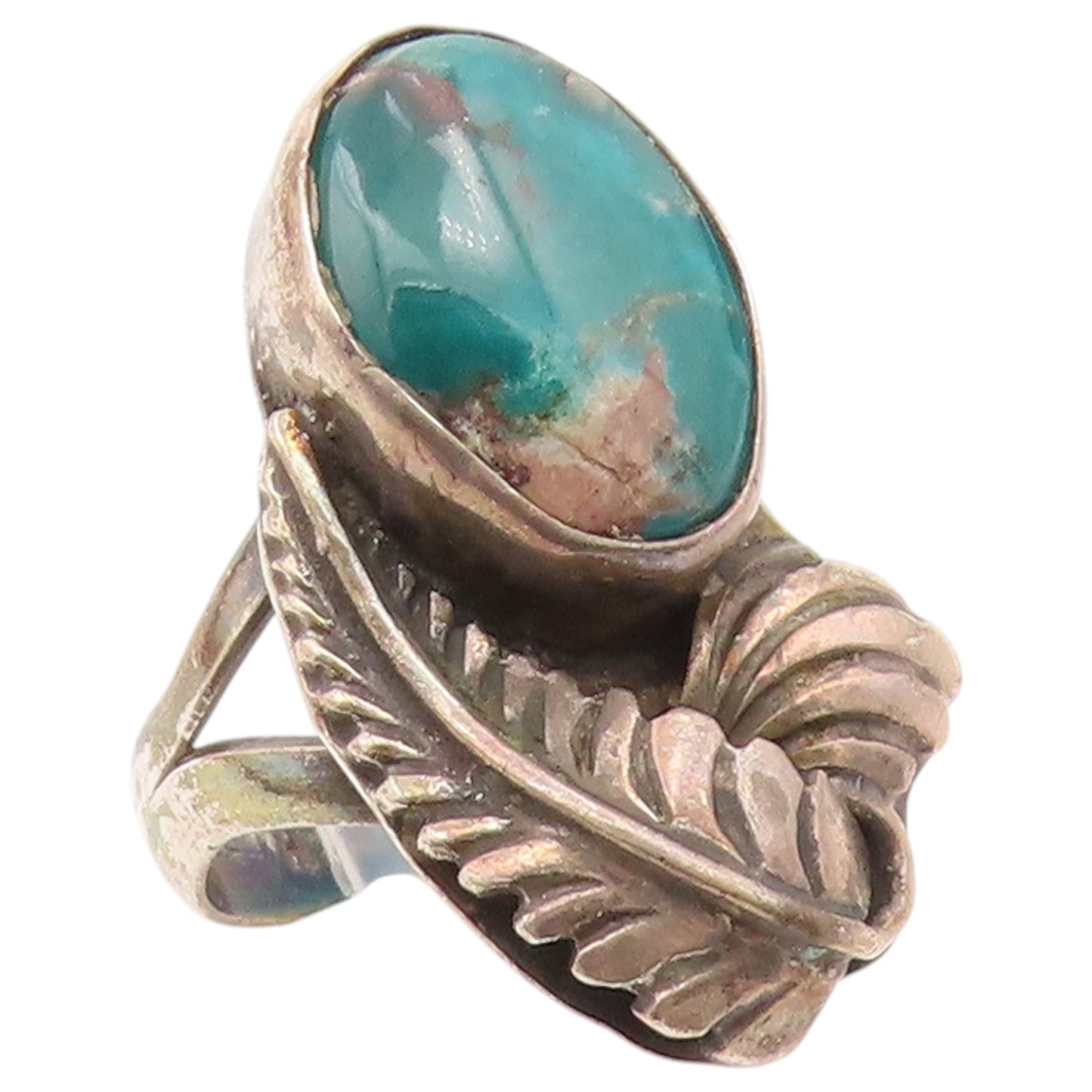 925 Sterling Silver Vintage Ring ASHLEY NAVAJO Turquoise Leaf  Sz 8.5  RG36580