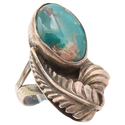 925 Sterling Silver Vintage Ring ASHLEY NAVAJO Turquoise Leaf  Sz 8.5  RG36580
