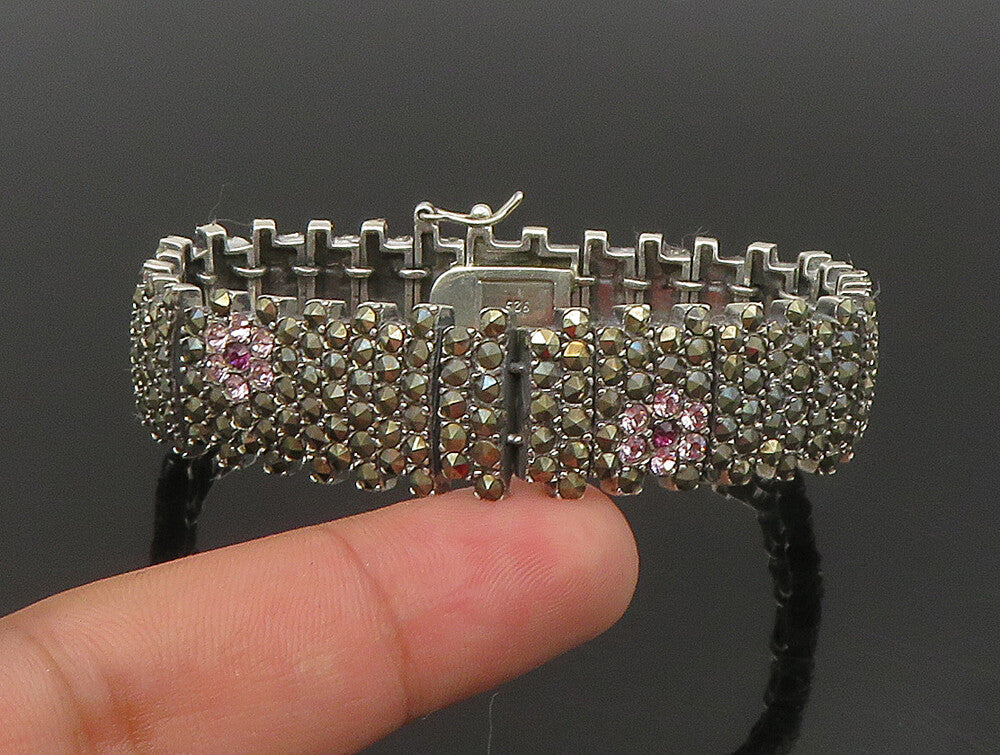925 Sterling Silver  Topaz & Marcasite Floral Tennis Bracelet  BT1014