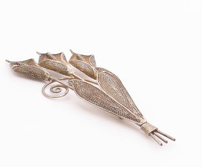 925 Sterling Silver  Vintage Antique Filigree Swirl Flowers Brooch Pin  BP6396