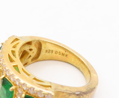 925 Sterling Silver Vintage Ring Gold Plated Green Halo White CZ  Sz 7  RG29768