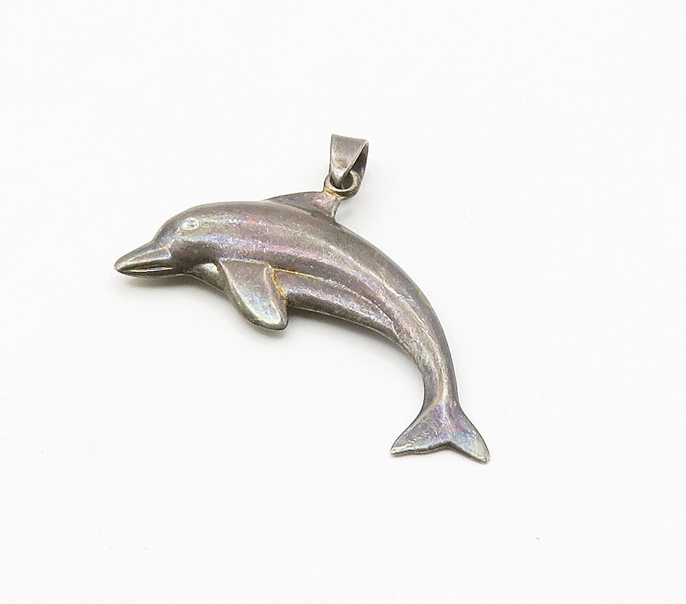 925 Sterling Silver  Vintage Dark Tone Dolphin Motif Animal Pendant  PT13345