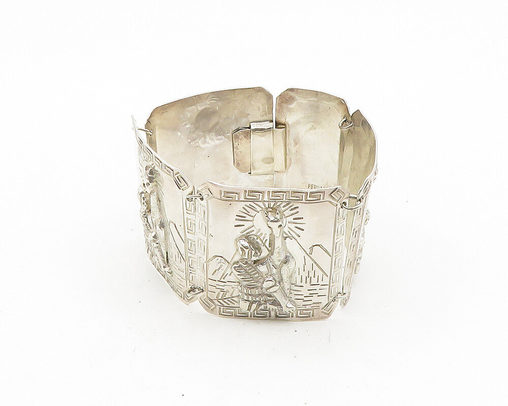 PERU 925 Silver  Vintage Shiny Camel Desert Scene Panel Chain Bracelet  BT7506