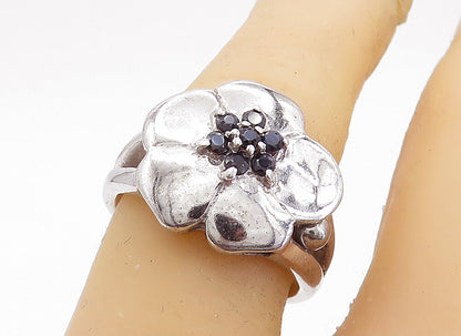 925 Sterling Silver Black Hematite Shiny Floral Statement Ring Sz 6.5 RG6573