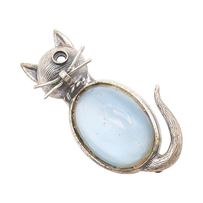 925 Sterling Silver Vintage Brooch Pin DANECRAFT Cat's Eye Inlay Cat  BP11461