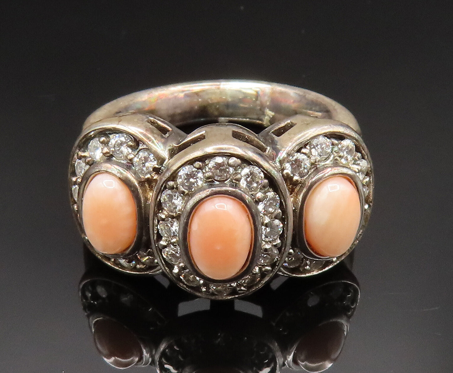 ESPO 925 Silver Vintage Rhodochrosite & Cubic Zirconia Ring Sz 6 RG24739