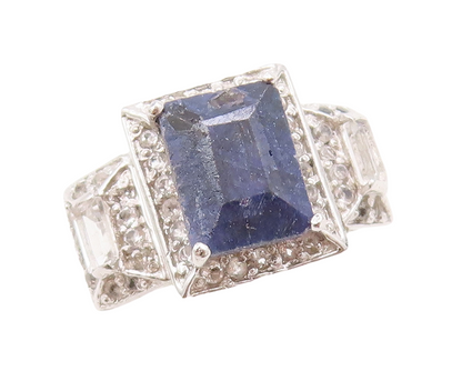 925 Sterling Silver Vintage Ring Rectangle Gemstone & CZ Inlay  Sz 6.5  RG30711