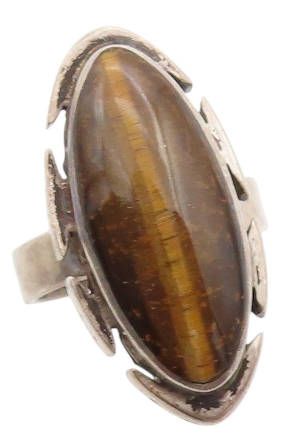 925 Sterling Silver Vintage Ring MEXICO Marquise Shape Tiger's Eye  Sz 5 RG33525