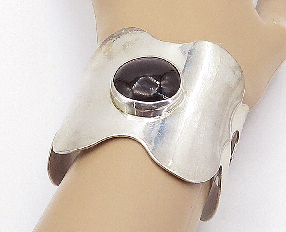 MEXICO 925 Sterling Silver Vintage Black Gemstone Large Cuff Bracelet BT1384