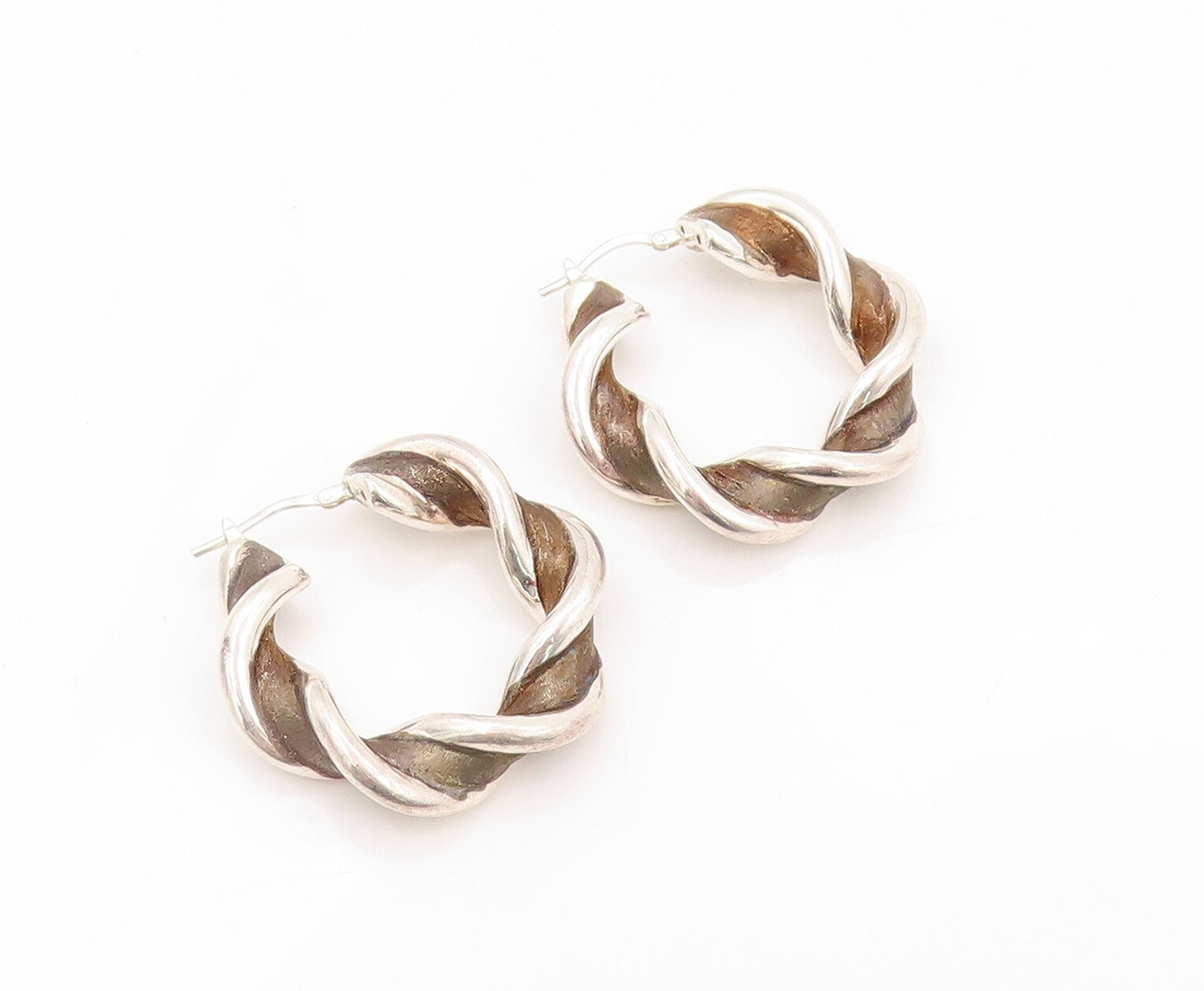925 Sterling Silver Vintage Earrings Designer Twisted Rope Cutout Hoops  EG13413