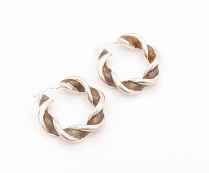 925 Sterling Silver Vintage Earrings Designer Twisted Rope Cutout Hoops  EG13413