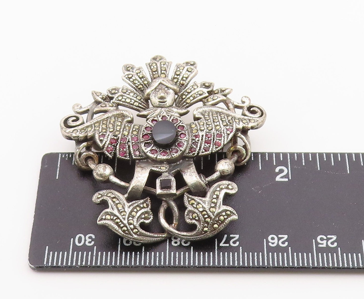 925 Sterling Silver Vintage Brooch Pin Onyx  & Ruby Winged Goddess  BP12590