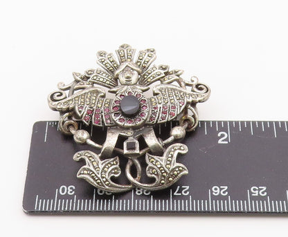 925 Sterling Silver Vintage Brooch Pin Onyx  & Ruby Winged Goddess  BP12590