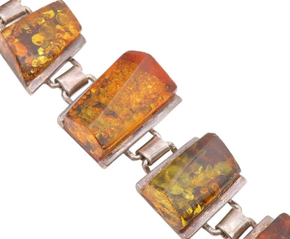 925 Sterling Silver Vintage Bracelet POLAND Designer Honey Amber Band  BT11053