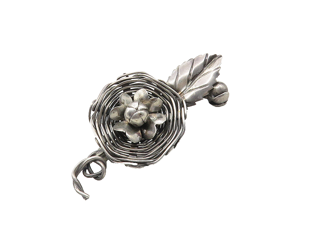 925 Sterling Silver  Vintage Hand Made Floral Leaf Nest Brooch Pin  BP3929