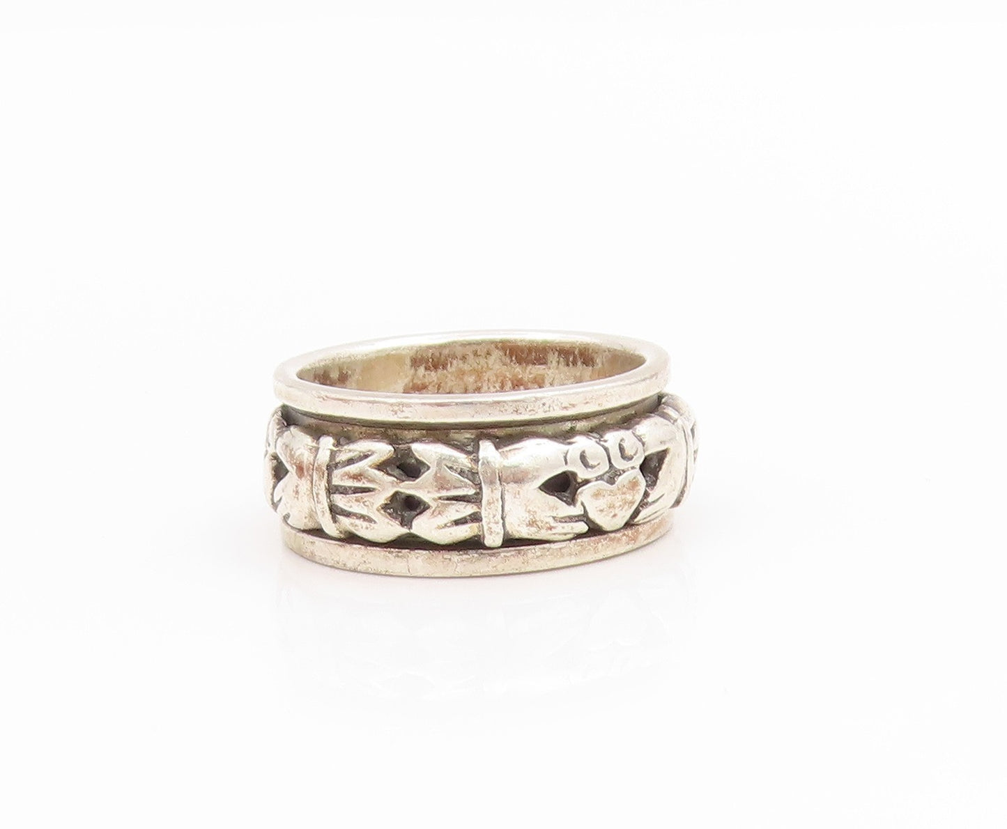 925 Sterling Silver Vintage Ring Carved Spinning Claddagh Band  Sz 6  RG34406