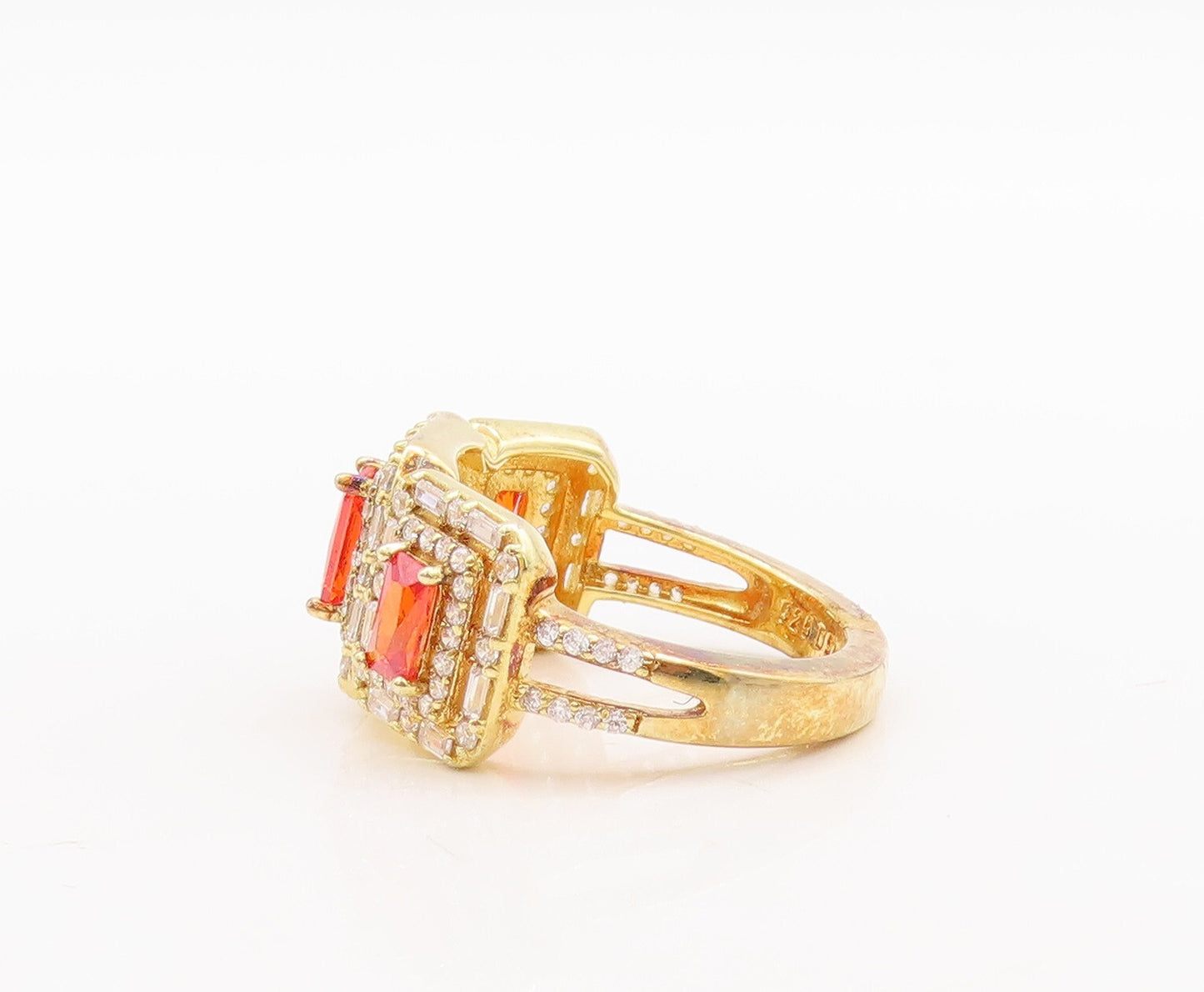 925 Sterling Silver Vintage Ring Gold Plated Orange & white CZ  Sz 7  RG29509