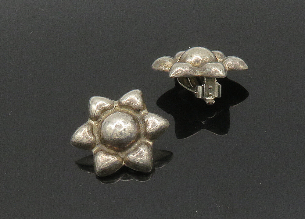 MEXICO 925 Sterling Silver  Vintage Shiny Floral Non Pierce Earrings  EG10399