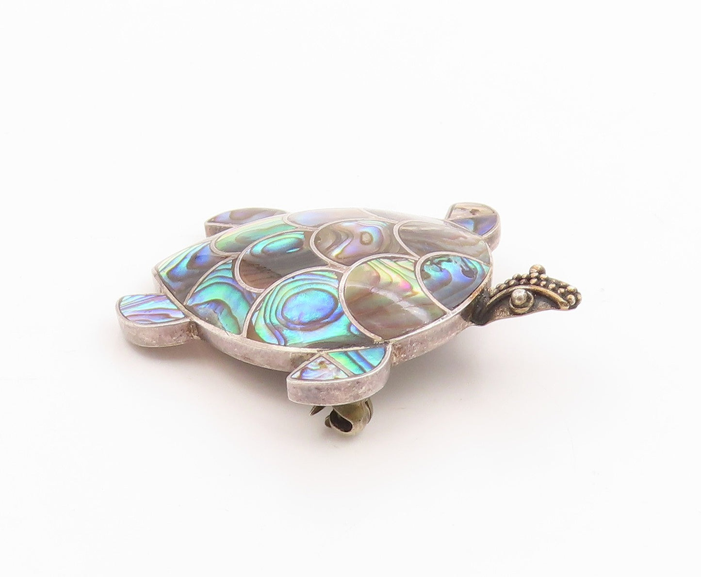 925 Sterling Silver Vintage Brooch Abalone Inlay Sea Turtle Charm  BP11794