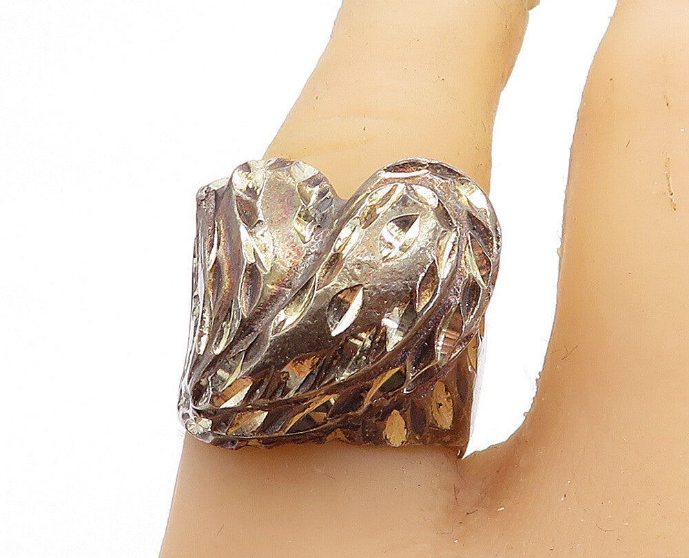 925 Silver  Vintage Diamond Cut Detail Love Heart Cocktail Ring Sz 7.5  RG6446