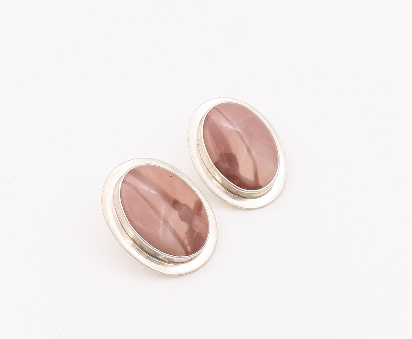 925 Sterling Silver Earrings MEXICO Minimalist Large Oval Brown Jasper  EG12845