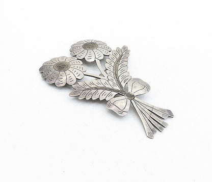 925 Sterling Silver  Vintage Antique Etched Bow Tied Flowers Brooch Pin BP1981