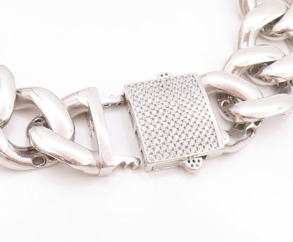 925 Sterling Silver Vintage Bracelet Rectangle Curb Linked Chain CZ Lock BT11260