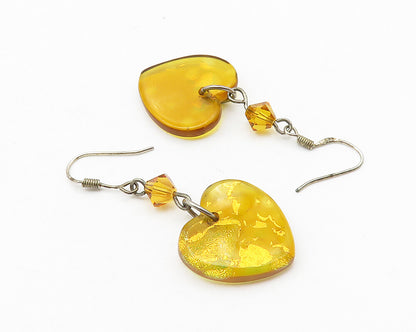 925 Sterling Silver  Vintage Amber Love Heart Motif Dangle Earrings  EG5621