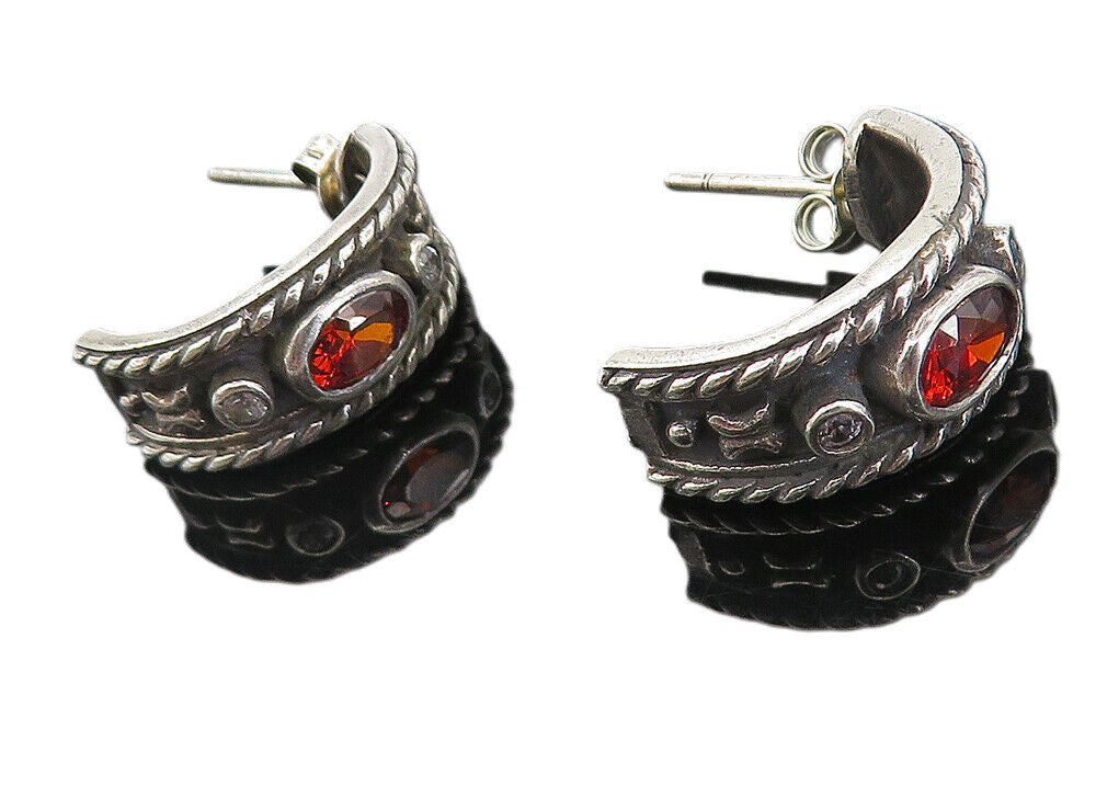 925 Sterling Silver  Vintage Red Topaz Oxidized Twist JHoop Earrings  EG3945
