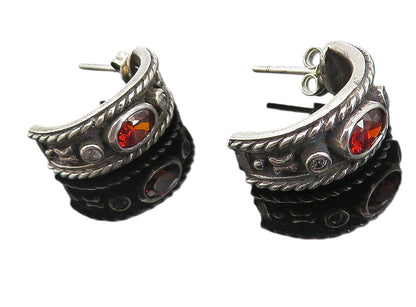 925 Sterling Silver  Vintage Red Topaz Oxidized Twist JHoop Earrings  EG3945