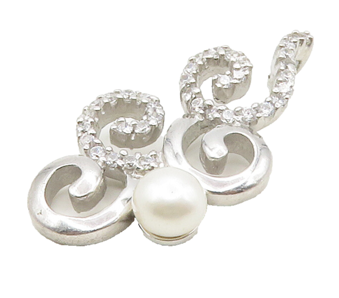 925 Sterling Silver  Freshwater Pearl & Cubic Zirconia Swirl Pendant  PT12975