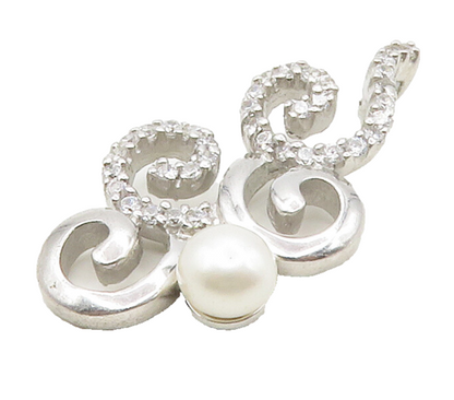 925 Sterling Silver  Freshwater Pearl & Cubic Zirconia Swirl Pendant  PT12975