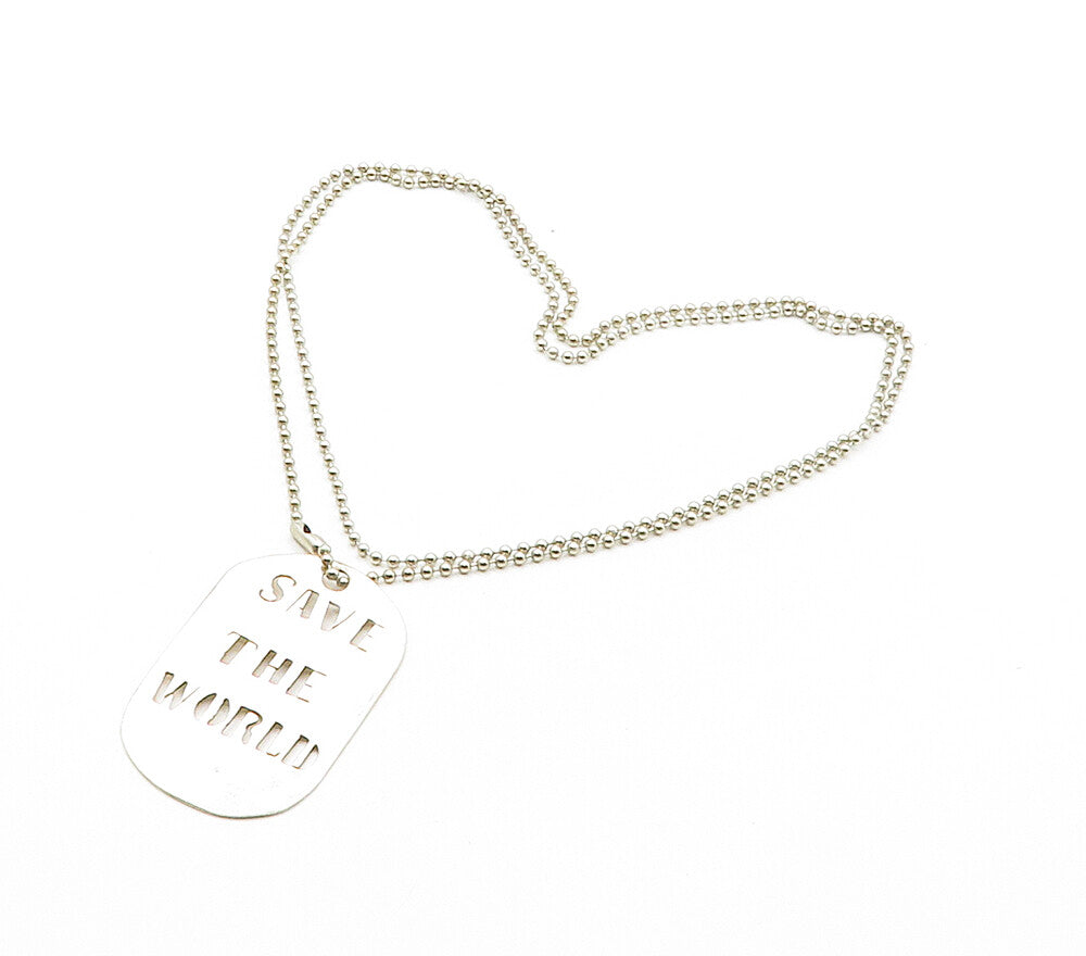 925 Sterling Silver  Vintage Save The World Cutout Chain Necklace  NE2559