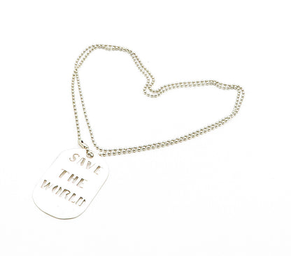 925 Sterling Silver  Vintage Save The World Cutout Chain Necklace  NE2559