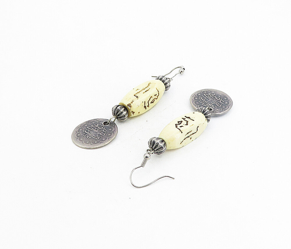 925 Sterling Silver  Vintage Antique Carved Stone Dangle Earrings  EG4372