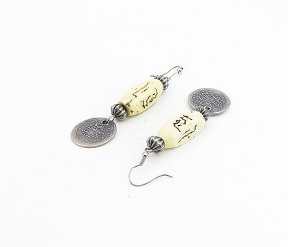 925 Sterling Silver  Vintage Antique Carved Stone Dangle Earrings  EG4372
