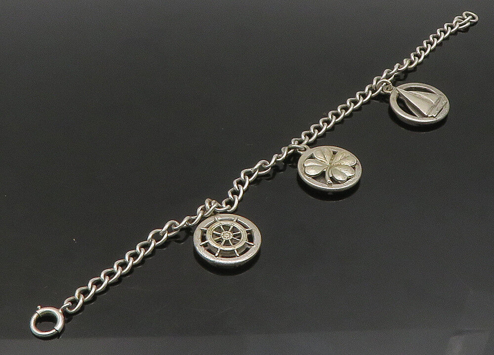 925 Sterling Silver  Vintage Sail Boat Clover Good Luck Charm Bracelet  BT9114