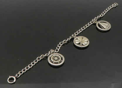 925 Sterling Silver  Vintage Sail Boat Clover Good Luck Charm Bracelet  BT9114