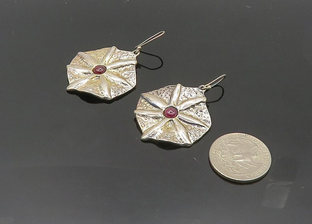 925 Sterling Silver  Vintage Garnet Modernist Floral Dangle Earrings  EG10144