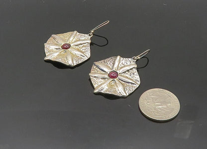 925 Sterling Silver  Vintage Garnet Modernist Floral Dangle Earrings  EG10144