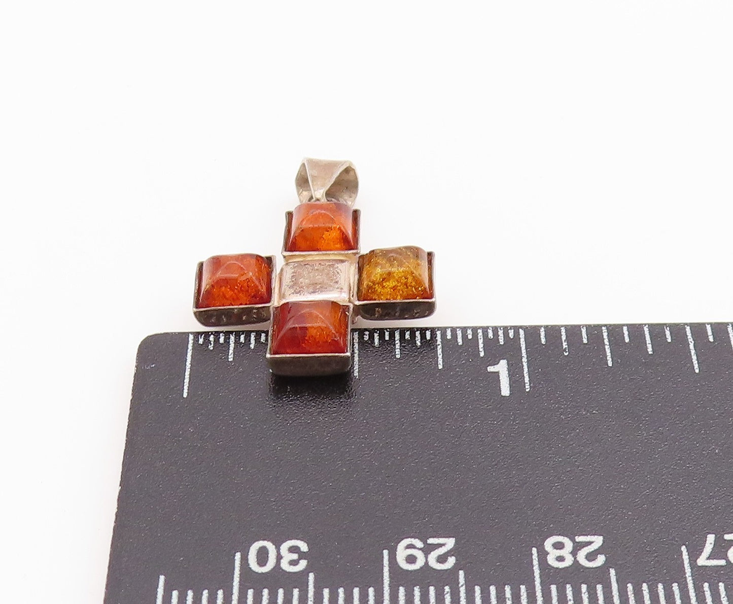 925 Sterling Silver Vintage Pendant Honey Amber Cross Medallion Charm  PT24833