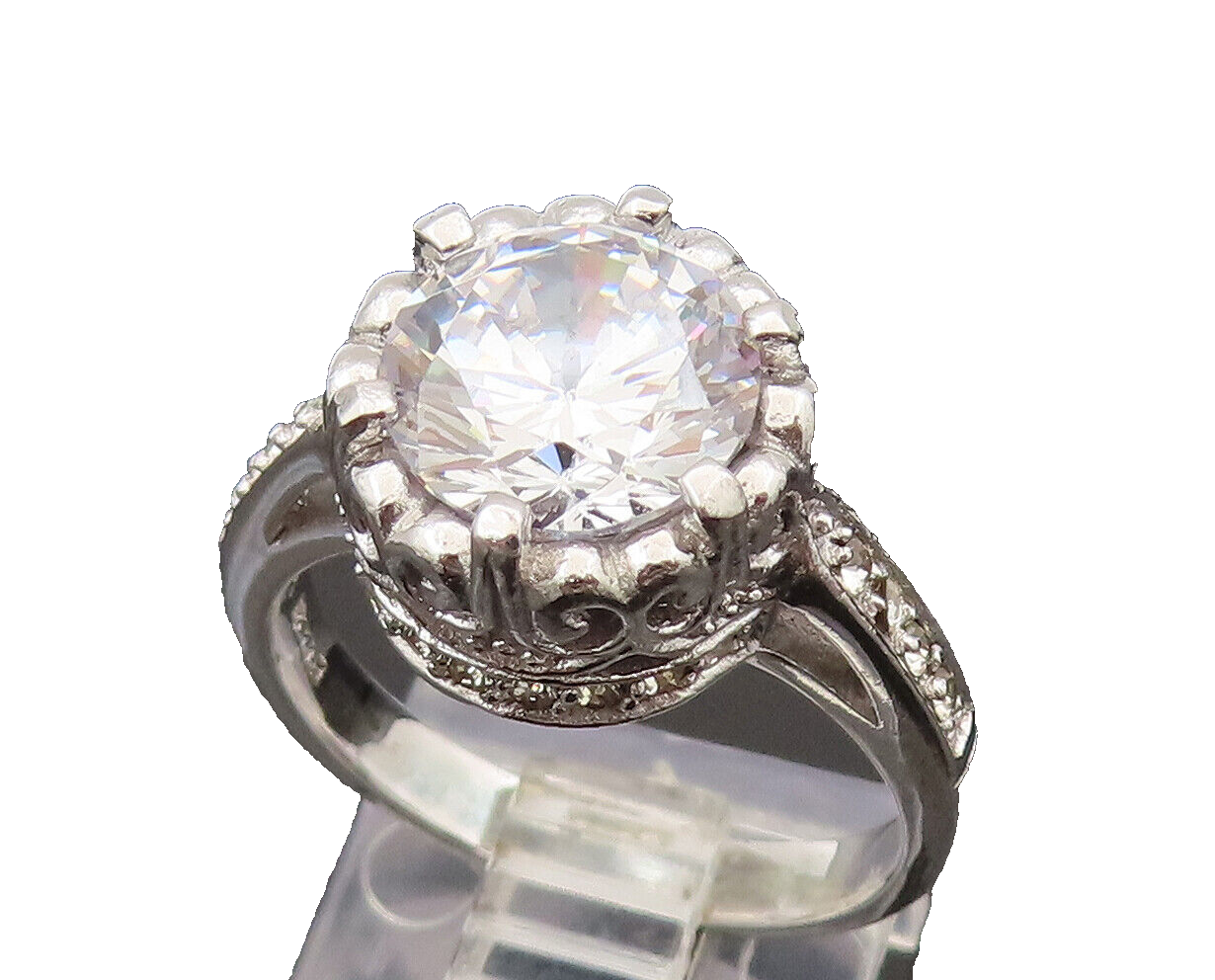925 Silver  Vintage Dancing Cubic Zirconia Scrollwork Halo Ring Sz 7.5 RG26492