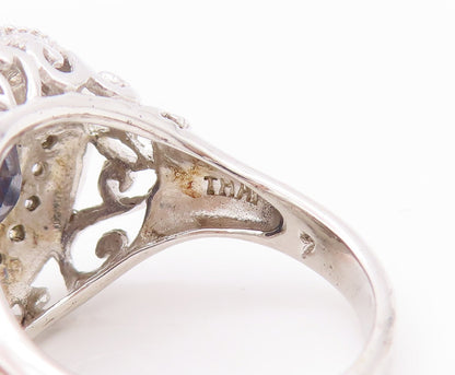 925 Sterling Silver Vintage Ring Oval Cut Sapphire Topaz Carved  Sz 7  RG29265