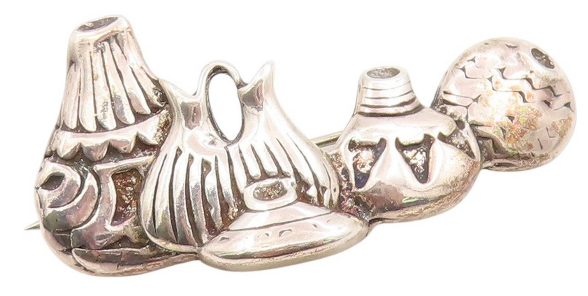 925 Sterling Silver Vintage Brooch Etched Pottery Set Cut Out Design  BP12042